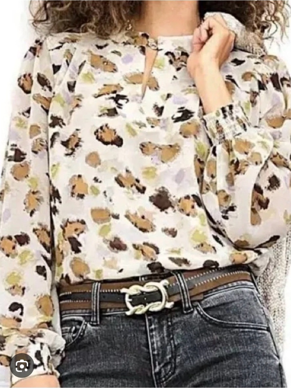 Cabi Blouse XXL Style 4820 Animal Print Sheer Blouse Ivory Brown Leopard Top